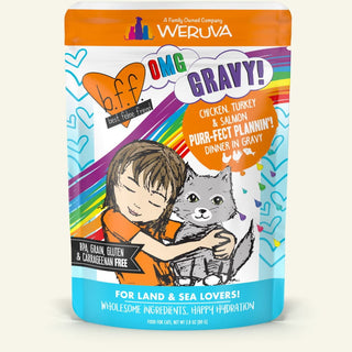 BFF OMG Purr-Fect Plannin'! Chicken, Turkey & Salmon Dinner in Gravy Grain-Free Cat Food Pouches, 2.8-oz, pack of 12