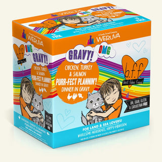 BFF OMG Purr-Fect Plannin'! Chicken, Turkey & Salmon Dinner in Gravy Grain-Free Cat Food Pouches, 2.8-oz, pack of 12