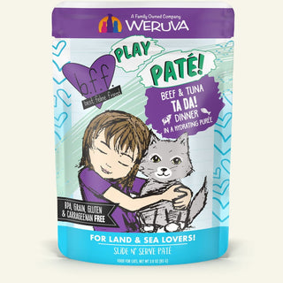 BFF Play Pate Lovers Beef & Tuna Ta Da Wet Cat Food, 3-oz pouch, pack of 12