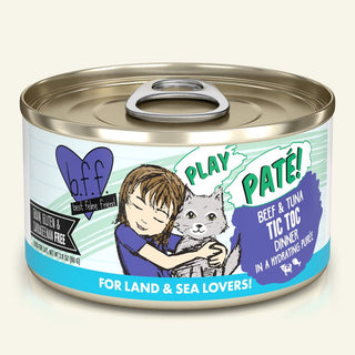 BFF Play Pate Lovers Beef & Tuna Tic Toc Wet Cat Food, 2.8-oz Cans, Case of 12