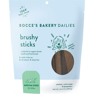 Bocce's Bakery Dailies Brushy Sticks Coconut & Mint Recipe Dental Dog Treats, Medium, 16 count