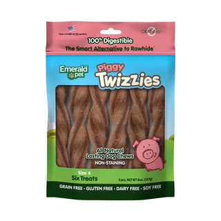 Emerald Pet Piggy Twizzies No-Rawhide Dog Chews 6", 6 Pieces