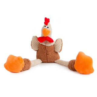 GoDog Skinny Rooster Chew Guard Squeaky Plush Dog Toy, Brown, Large