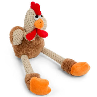 GoDog Skinny Rooster Chew Guard Squeaky Plush Dog Toy, Brown, Small