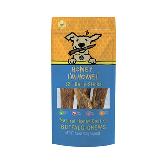 Honey I'm Home Water Buffalo Bully Sticks Dog Treats, 12-Inch, Bag of 5