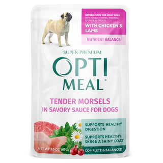 Optimeal Tender Morsels Chicken & Lamb Recipe in Savory Sauce Wet Dog Food, 3-oz pouch, case of 24