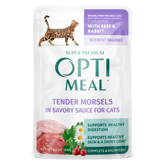 Optimeal Tender Morsels with Beef & Rabbit In Savory Sauce Recipe Wet Cat Food, 3-oz pouch, case of 24