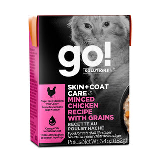 Petcurean Go! Solutions SKIN + COAT Minced Chicken with Grains Wet Cat Food, 6.4-oz, case of 24