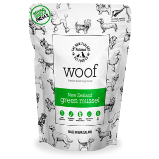 The New Zealand Natural Pet Food Co. Woof New Zealand Green Mussel Freeze-Dried Dog Treats, 1.76-oz bag