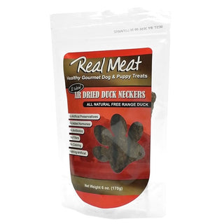 The Real Meat Company Air-Dried Duck Neckers Dog Treats. 6-oz Bag