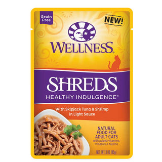 Wellness Healthy Indulgence Shreds with Skipjack Tuna & Shrimp Wet Cat Food Pouches, 3-oz pouch, Case of 24