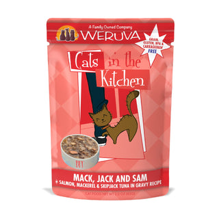 Weruva Cats in the Kitchen Mack, Jack & Sam Salmon, Mackerel & Tuna Recipe Grain-Free Cat Food Pouches, 3-oz pouch, case of 12