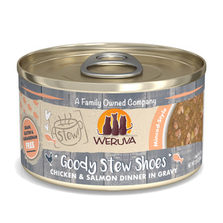 Weruva Classic Cat Goody Stew Shoes Chicken & Salmon in Gravy Stew Canned Cat Food, 2.8-oz can, Case of 12