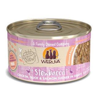 Weruva Classic Cat Stewbacca Chicken, Duck & Salmon in Gravy Stew Canned Cat Food, 2.8-oz can, Case of 12