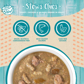 Weruva Classic Cat Stew's Clues Turkey, Chicken & Salmon in Gravy Stew Wet Canned Cat Food, 2.8-oz can, Case of 12