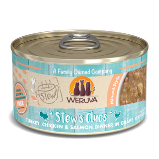 Weruva Classic Cat Stew's Clues Turkey, Chicken & Salmon in Gravy Stew Wet Canned Cat Food, 2.8-oz can, Case of 12