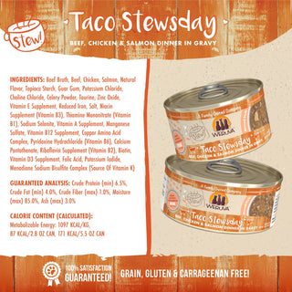 Weruva Classic Cat Taco Stewsday Beef, Chicken & Salmon in Gravy Canned Cat Food, 2.8-oz can, Case of 12