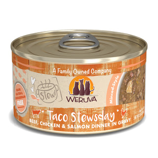 Weruva Classic Cat Taco Stewsday Beef, Chicken & Salmon in Gravy Canned Cat Food, 2.8-oz can, Case of 12