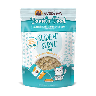 Weruva Slide N' Serve Family Food Chicken Breast Dinner with Tuna Pate Grain-Free Cat Food Pouches, 2.8-oz pouch, case of 12