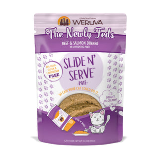 Weruva Slide N' Serve The Newly Feds Beef & Salmon Dinner Pate Grain-Free Cat Food Pouches, 2.8-oz pouch Case of 12