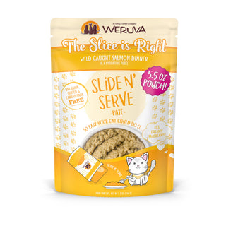 Weruva Slide N' Serve The Slice is Right Wild Caught Salmon Dinner Pate Grain-Free Cat Food Pouches, 5.5-oz pouch, case of 12